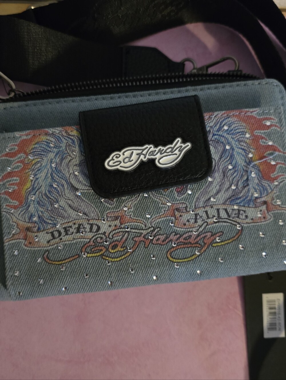 Ed Hardy Denim Wristlet with Rhinestone Logo Accent